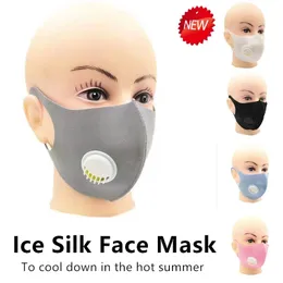 Neu auf Lager Sommer-Eis-Silk Gesichtsmasken Schwarz mit Ventil Filter PM 2.5 Anti-Verschmutzung Gesicht Mund Masken Erwachsene heraus Tür Schutz Cool Down