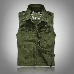 2020 Nya västar Slim Fit Cowboy Male Jacket Vest Ripped Denim Vest Mäns Jacka Ärmlös Casual Waistcoat Mens Jean Coat Green CX200804