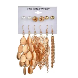 6Pairs/Set Bohemian Gold Metal Pearl Round Ball Leaf Drop Earrings for Women Beach Party Jewelry Gift