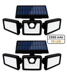 Solar Security Lights 3 Head Motion Sensor Lights Adjustable 70LED Flood Lights Outdoor Spotlights 360° Rotatable IP65 Waterproof for Porch