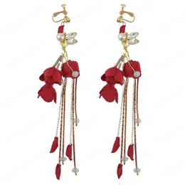 Mode Röd Blomma Örhängen Crystal Tassel Dangle Örhängen Bröllop Brud Faux Pearl Rose Ear Drop Charm Earring Tillbehör Gåvor