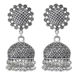 Vintage ethnic style Gold Silver alloy long tassel bell bead Jhumka Earrings for Women