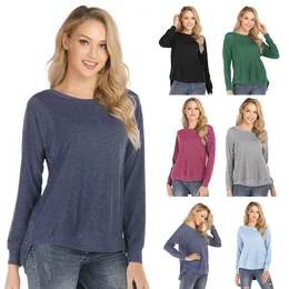 Kobiety Solidna koszulka Jesienna Długie Rękawy Sweter Casual Bluzy Topy Odzież O Neck Koszulki Tee M2436