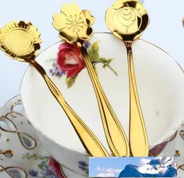 Blomma form kaffe sked socker rostfritt stål guld te sked glass bestick porslin kök verktyg tillbehör nt