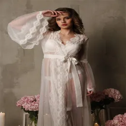 White Women Wedding Elegant Bath Robes Long Sleeve Appliqued Lace Sleepwear Custom Made Ruched Chiffon Sweep Train Bride Pajama Dresses