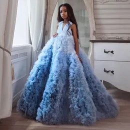 Açık gök mavisi fırfırlı boncuklu çiçek kız elbiseler düğün için sırtsız yürümeye başlayan pageant elbiseleri süpürme tren tül çocuk balo elbisesi 407