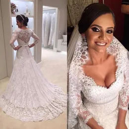 Ny ankomst Lace 3/4 Ärmar Muslim Bröllopsklänningar 2020 Sexig Deep V Neck A-Line Bridal Gowns Bow Knappar Vestido de Noiva Robe de Mariage