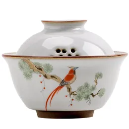 Ru kiln bird gardon gaiwan retro three-person pastrol ceramic tea bowl tureen accessories home decor