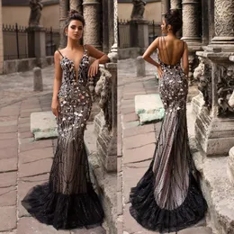 Graceful Lace Mermaid Evening Dresses Sheer Plunging Neck Sequined Prom Gowns Appliqued Floor Length Formal Dress