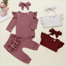 Baby Girl Clothes Infant Girls Flying Sleeve Rompers Ruffle Pants Headband 3pcs Sets Solid Newborn Outfits Boutique Baby Clothing DW4860