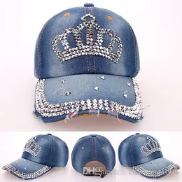 Fashion Korean Rhinestone Bling Crown Caps Adjustable Washed Denim Baseball Caps Women Cowboy Hats Fancy Summer Headwear Ladies Sun Visor