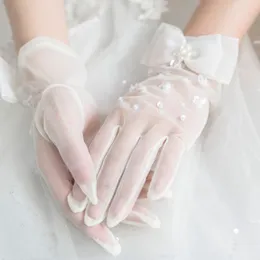 Kvinnor söta bröllop korta handskar handgjorda pärlor paljetter blomma pärlor bowknot dekor brud prom party mantens