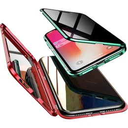 フルカバレッジプライバシー磁気吸着強化ガラス金属電話ケースiPhone 11 Pro MAX XR XS 8 7プラス磁気アンチカバー