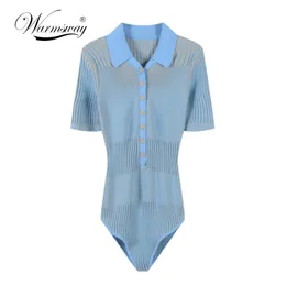 2020 Casual Knitted Women Summer Playsuit Lapel Collar Slim Sexy Bodysuit Office Blue T-shirt Simple Pullover Top female C-379