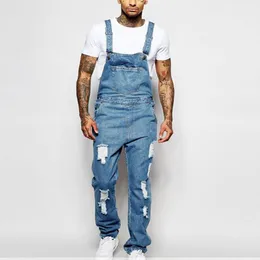 Męskie dżinsy wyprzedaż moda męskie rozryte kieszeni kombinezon jeansowy dżinsowy kombinezon High proste street Jumpsuits Streetwear