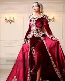 Mörkröda Långärmade Karakou Algeriska Outfit Mermaid Evening Dresses V Neck Lace Appliques Muslim Formal Prom Gowns Vestidos de Gala