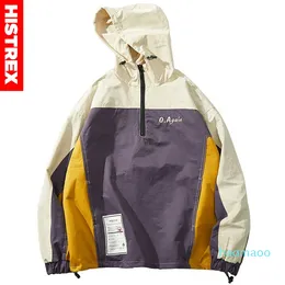 Fashion-Color Block Windbreaker Jacka Hoodie Harajuku Vintage Men Hip Hop Jackor Coat StreetWear Half Zipper Track Jacket 2020 Höst