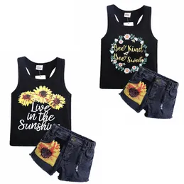 Kids Designer Clothes Sunflower Girls Vest Denim Shorts 2PCS Sets Summer Toddler Girl Outfits Boutique Kids Clothing 2 Designs DW4171