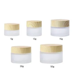 Frosted Glass Jar Cream Bottles Round Cosmetic Jars Hand Face Packing Bottles 5g 10g 30g 50g Jars With Wood Grain Cover Free DHL SN3163