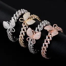 12 mm 18k złota lodowa cyrkonia Cubic Cyrconia CZAS Butterfly Cuban Link Bracelets Femelle Papillon Bijoux Bransoletka Bransoletka Łańcuchy biżuterii Bijoux