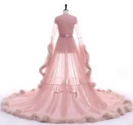 Pink Sleepwear Women Bathrobe Faux Fur Feather Nightgown Bridal Robe Bride Wedding Gowns Petite Plus Size Custom Made