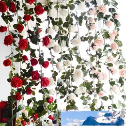 Sztuczna Rose Flower Ivy Vinesilk Kwiaty Sznurek z liściami do domu Wiszące Garland Party Craft Art Wedding Decor 180cm