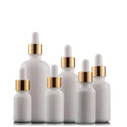 Nyaste 10ml 15ml 20ml 30ml 50ml 100ml Glas droppflaskor Vit porslin eterisk olja kosmetiska behållare med guldlock SN1627