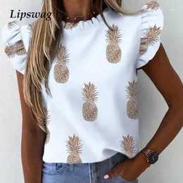 Mulheres Abacaxi Floral Impressão Plissada Blusa 2020 Verão Borboleta de Verão Camisa Elegante Escritório Senhora O-Pescoço Tops Blusa Streetwear1
