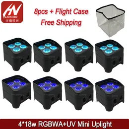 8pcs 배터리 작동 LED uplights 미니 파 라이트 RGBWA UV 4x18W 무선 DMX 결혼식 DJ 루프리트 IR 제어 비 커버