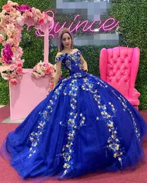 Yellow And Blue Flowers quinceanera dresses Off Shoulder Floral Lace Applique Overskirt Ball Gowns Prom Sweet 16 Dress Pageant Evening Gowns