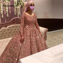 Muslim Pink Prom Klänningar Långärmad Snörning Upp Sequin Ball Gown Dubai Kvinnor Reflekterande Klänning Party Custom Made Vestidos de Gala