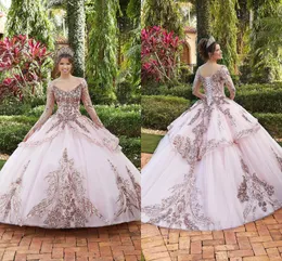 Pink Sweet Gorgeous 16 Quinceanera Dresses Princess Ball Gown 2021 Sparkly Sequined Appliques Long Sleeves V Neck Puffy Tulle Tiered Prom Formal Gowns AL6773 s
