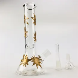 Clear Glass Bong Hookahs 10 Inch Gold Leaves Oil Burner Dab Rigs Bubbler 18mm Feamle Joint for Smoking Accessories