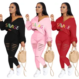 Plus size 2X women fall winter plain tracksuits ripped holes outfits long sleeve hoodies crop top+pants two piece set casual outfits 3449