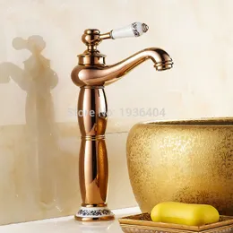 Gorący Sprzedam Porcelain Basin Golden Finish Faucets Łazienka Miedź Antique Mosiądz Torneira Hot and Cold Róża Gold Dźwig RS303