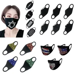 Stokta elmas taklidi Yeniden kullanılabilir Yüz Maskeleri Erkek Bayan toz geçirmez Yıkanabilir Tasarımcı Yüz Maskeleri Nefes Rhinestone Siyah Maske