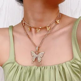 Ny Populär Sparkling Rhinestone Diamond 3D Butterfly Multi Layer Choker Hänge Halsband för Women Girls Fashion Designer