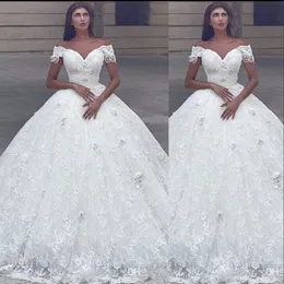 2020 New Modern Arabic Ball Gown Wedding Dresses Off Shoulder Lace 3D Appliques Beaded Princess Floor Length Puffy Plus Size Bridal Gowns