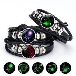 Mode Lysande 12 Konstellationer Läderarmband Zodiac Sign med pärlor Bangle Armband för män Glöd i mörkret Smycken