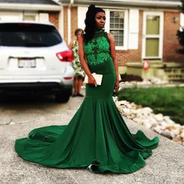 Dark Green Mermaid Sequined Prom Dresses High Neck Appliqued Evening Gowns Plus Size Sweep Train Formal Dress