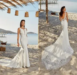 Eddy K Mermaid Wedding Dresses Sheer Neck Lace Appliques Bridal Gowns Beach Sweep Train Backless Wedding Dress