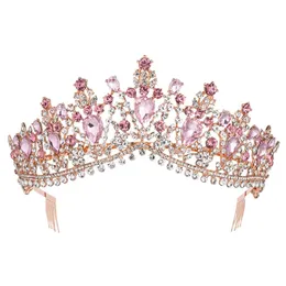Barroco Rose Pink Gold nupcial Cristal Tiara Crown Com Pente Pageant Prom Rhinestone Veil Tiara Headband casamento cabelo Acessórios Y200727