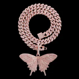 Collana con pendente a farfalla CZ scintillante placcato in oro rosa di alta qualità con catena cubana da 12 mm 16/18/20/22/24 pollici