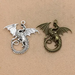 KJjewel Antique Silver Plated Dragon Charms Pendants for Jewelry Making Bracelet Accessories DIY Findings 43x45mm 20PCS
