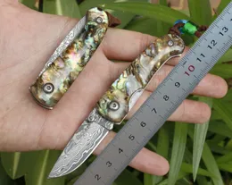 1Pcs New Mini Small Damascus Pocket Folding Blade Knife VG10 Damascus Steel Drop Point Blade Abalone shell + Stainless Steel Sheet Handle