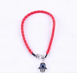 100st Red Leatheroid Flätad String Kabbalah Evil Eye Hamsa Hand Charms Armband Män och Kvinnor Läder Lucky Bracelet WY1420