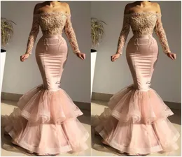 2020 Arabiska Aso Ebi Sexiga Lace Beaded Evening Dresses Mermaid Långärmade Prom Klänningar Satin Formell Party Andra receptionen Gäster ZJ034