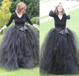 2020 Zwart Elegante lange mouwen Avondjurken Tule met Sash Formal Party Prom-jurken op maat gemaakt