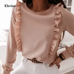 Spring Autumn O Neck Ruffle Blouse Shirts Elegant Office Lady Back Metal Buttons Blouses Casual Women Long Sleeve Blusa Tops 3XL