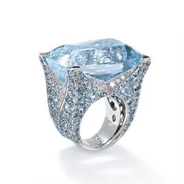 2020 New High Qualtiy Blue Large Stone Princess Cut Crystal Rings For Women Girl Wedding Engagement Party Jewelry Gifts